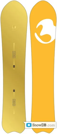 Burton Fish 156cm 2011/2012年モデル(左:ベース/右:トップデッキ)— ボード下端に V 字スワローテールが明瞭