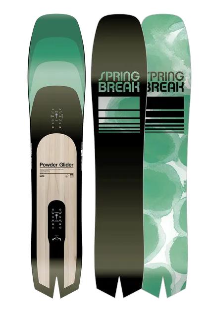 CAPiTA Spring Break Powder Glider 2025-26モデル:左=緑グラデーションのトップデッキ(幅広ノーズ、小さく切り欠かれたテール)、中・右=黒とグリーンの2種のベースグラフィック