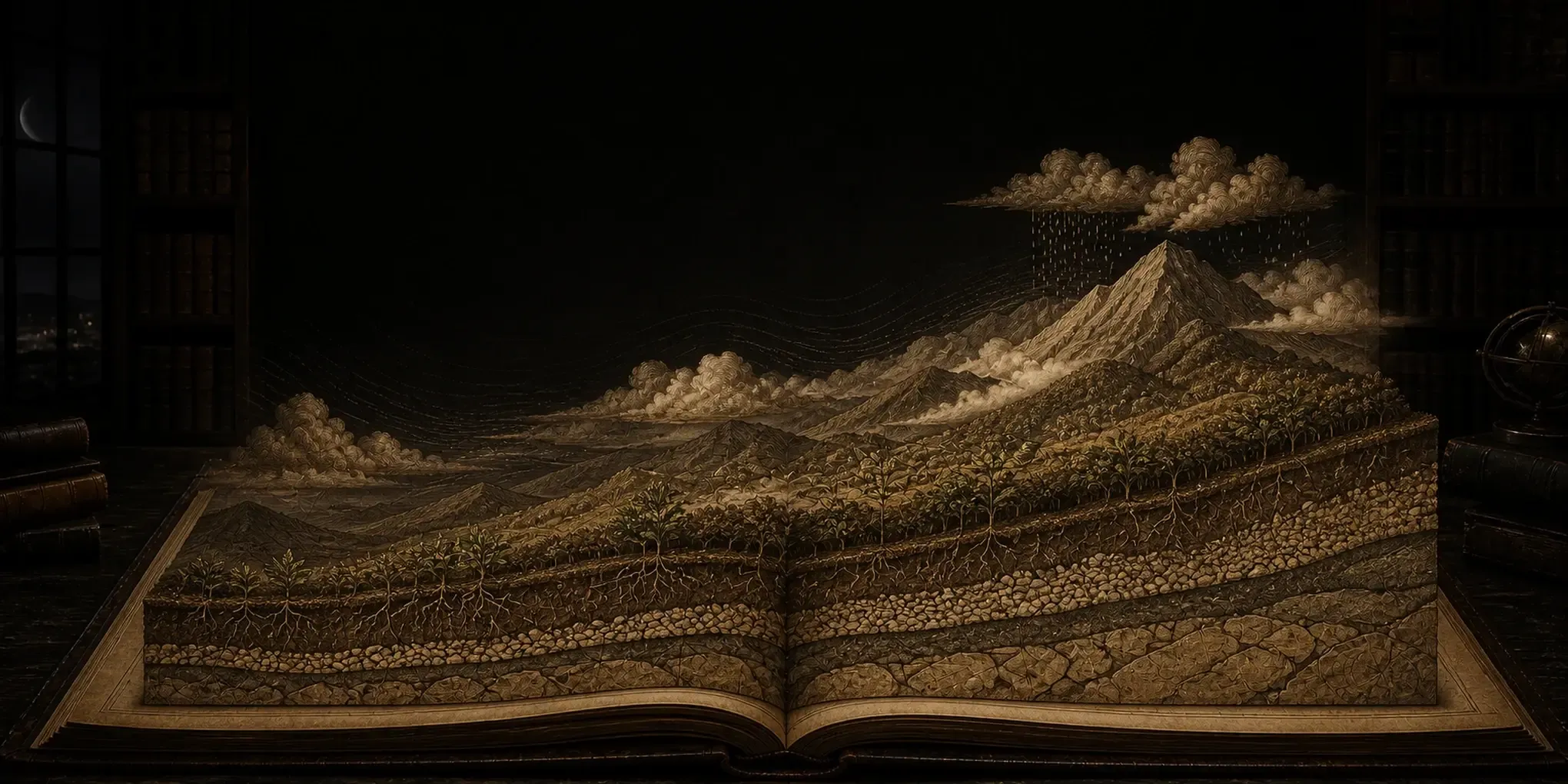 標高・雨雲・土壌の断面を描いた地層クロスセクションのページ